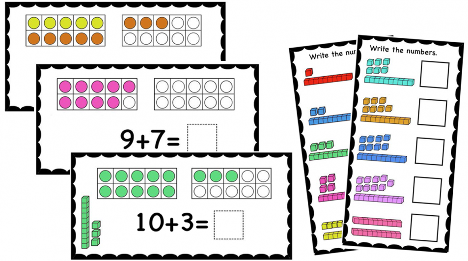 Decomposing numbers 11-20 using 10 Frames and Base 10 blocks (Printable task cards and digital slides)
