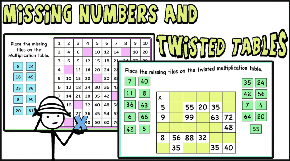 Missing Numbers and Twisted Multiplication Tables activity cards (+google slides)