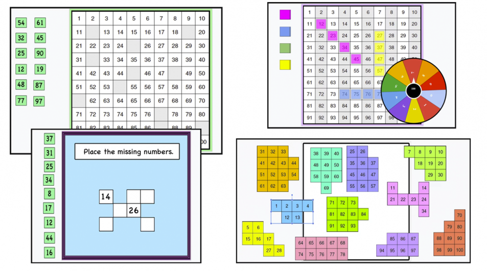 Build fluency with numbers 1-100. Missing numbers, puzzles, games (+google slides version)