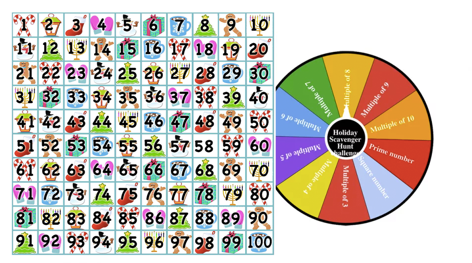 Holidays Scavenger Hunt-Game Challenge Multiples, prime numbers, square numbers